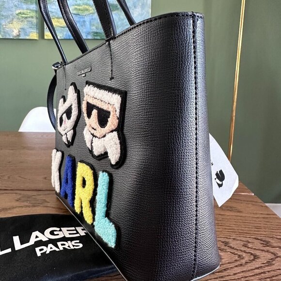 NWT! Karl Lagerfeld Maybelle Mini Tote Satchel Fur Patch Logo Black - Picture 3 of 7